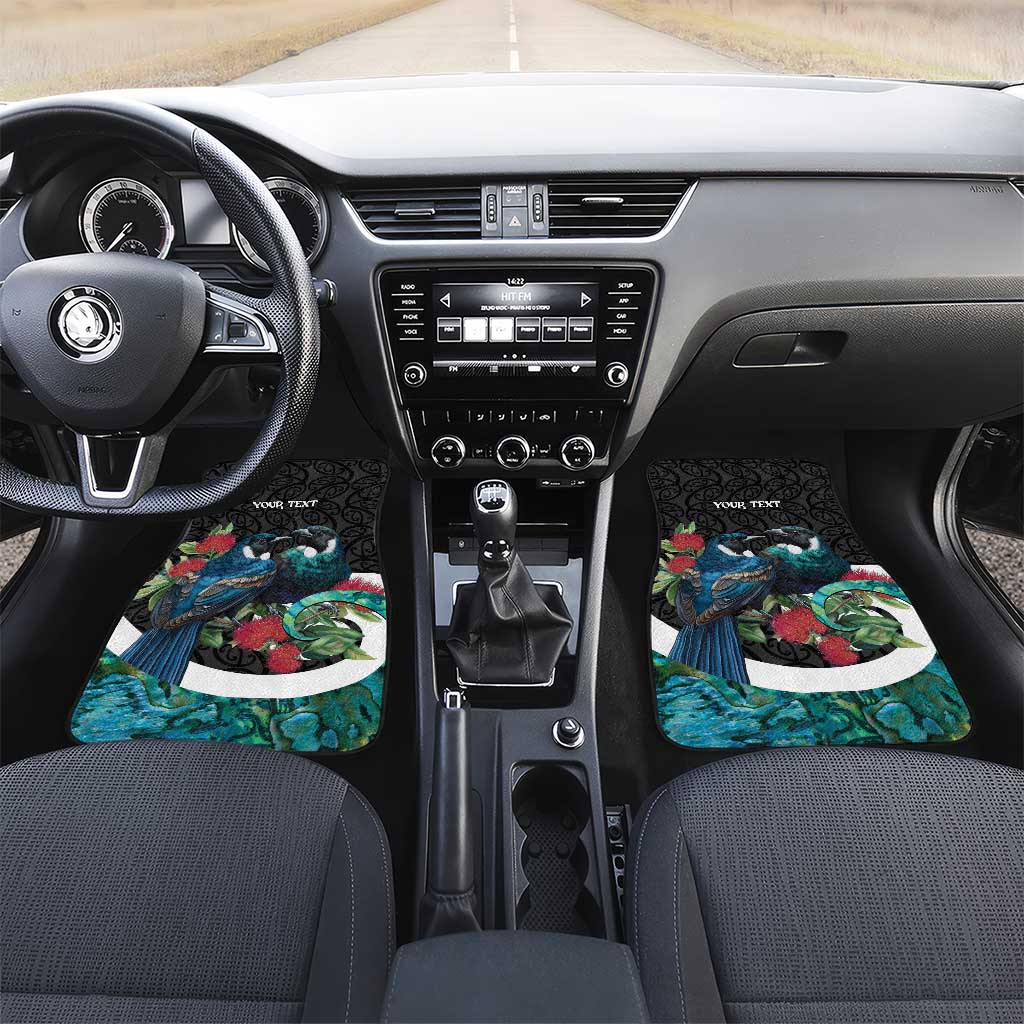 Personalised Valentine's Day New Zealand Car Mats Tui Bird Couple Kowhaiwhai Mix Pohutukawa LT14 Set 2pcs - Front Black - Polynesian Pride
