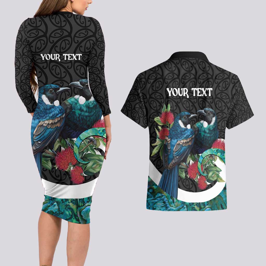 Personalised Valentine's Day New Zealand Couples Matching Long Sleeve Bodycon Dress and Hawaiian Shirt Tui Bird Couple Kowhaiwhai Mix Pohutukawa LT14 - Polynesian Pride