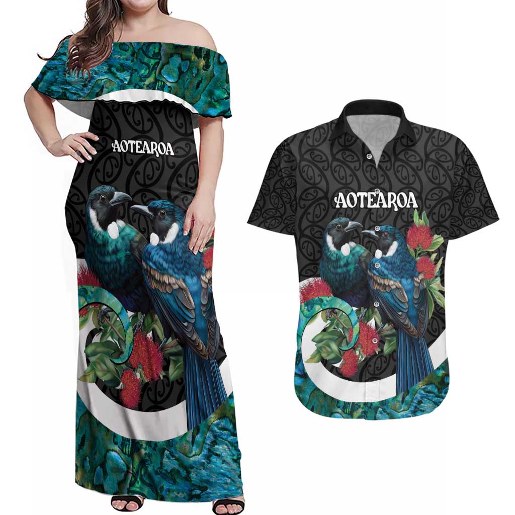 Personalised Valentine's Day New Zealand Couples Matching Off Shoulder Maxi Dress and Hawaiian Shirt Tui Bird Couple Kowhaiwhai Mix Pohutukawa LT14 Black - Polynesian Pride