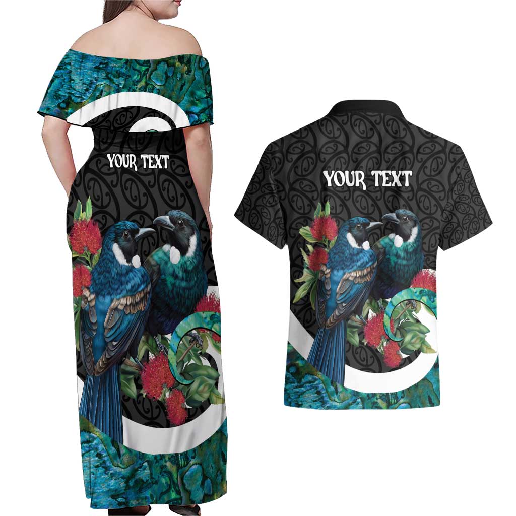 Personalised Valentine's Day New Zealand Couples Matching Off Shoulder Maxi Dress and Hawaiian Shirt Tui Bird Couple Kowhaiwhai Mix Pohutukawa LT14 - Polynesian Pride