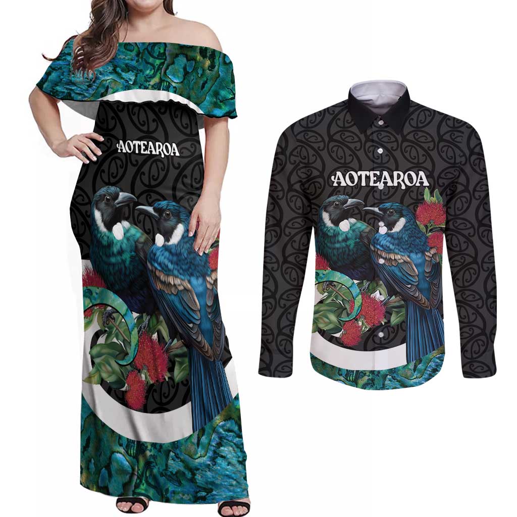Personalised Valentine's Day New Zealand Couples Matching Off Shoulder Maxi Dress and Long Sleeve Button Shirt Tui Bird Couple Kowhaiwhai Mix Pohutukawa LT14 Black - Polynesian Pride