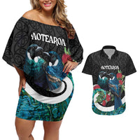 Personalised Valentine's Day New Zealand Couples Matching Off Shoulder Short Dress and Hawaiian Shirt Tui Bird Couple Kowhaiwhai Mix Pohutukawa LT14 Black - Polynesian Pride