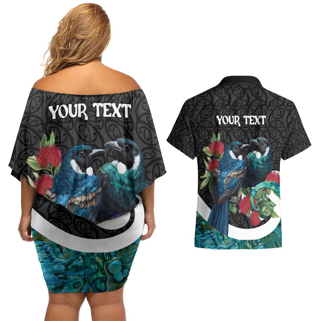 Personalised Valentine's Day New Zealand Couples Matching Off Shoulder Short Dress and Hawaiian Shirt Tui Bird Couple Kowhaiwhai Mix Pohutukawa LT14 - Polynesian Pride