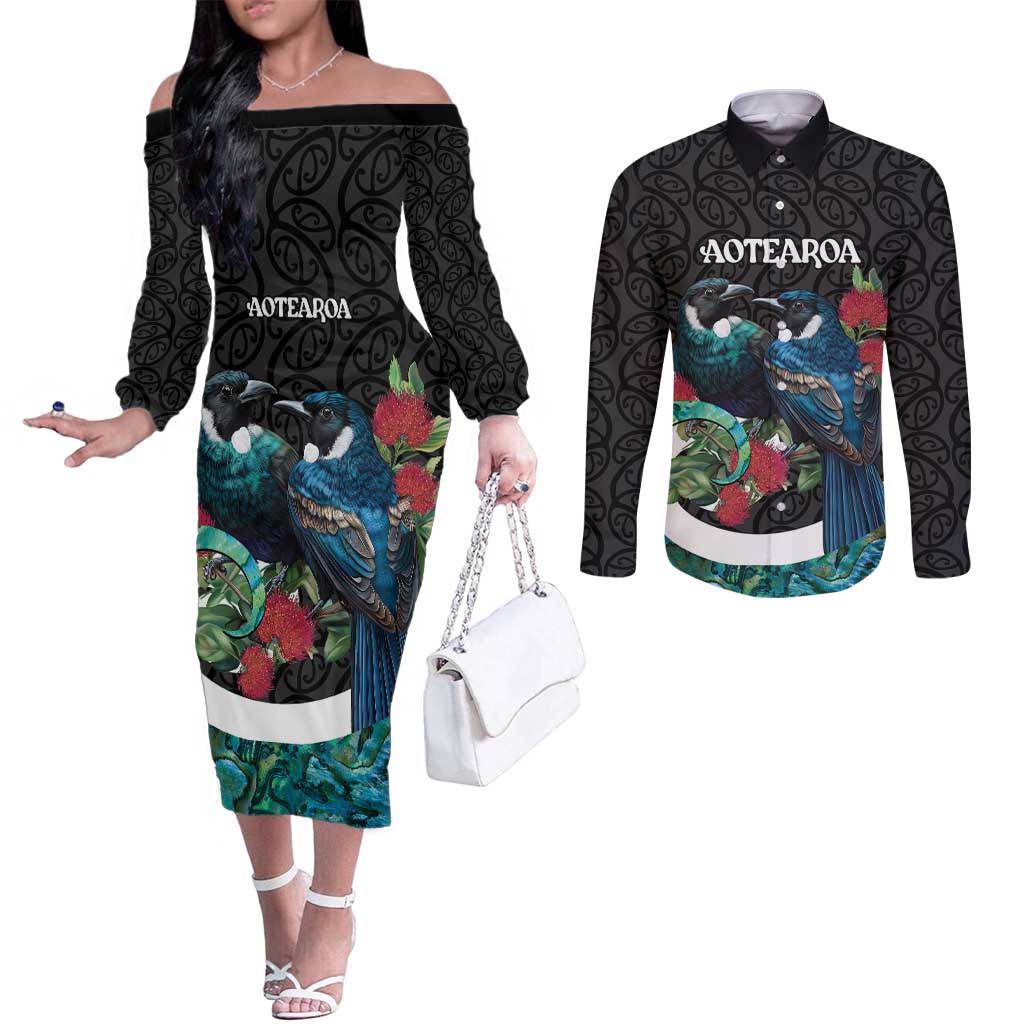 Personalised Valentine's Day New Zealand Couples Matching Off The Shoulder Long Sleeve Dress and Long Sleeve Button Shirt Tui Bird Couple Kowhaiwhai Mix Pohutukawa LT14 Black - Polynesian Pride