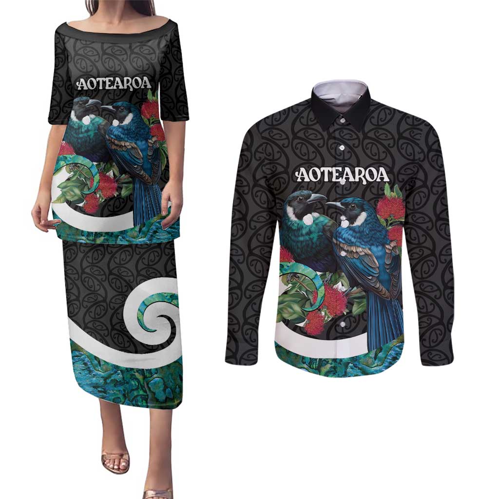 Personalised Valentine's Day New Zealand Couples Matching Puletasi and Long Sleeve Button Shirt Tui Bird Couple Kowhaiwhai Mix Pohutukawa LT14 Black - Polynesian Pride