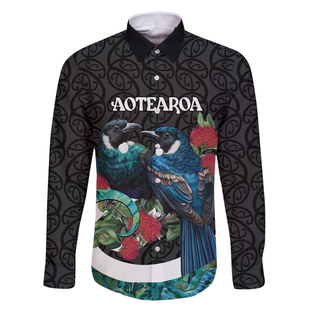 Personalised Valentine's Day New Zealand Family Matching Long Sleeve Bodycon Dress and Hawaiian Shirt Tui Bird Couple Kowhaiwhai Mix Pohutukawa LT14 Dad's Shirt - Long Sleeve Black - Polynesian Pride