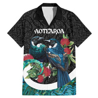 Personalised Valentine's Day New Zealand Family Matching Mermaid Dress and Hawaiian Shirt Tui Bird Couple Kowhaiwhai Mix Pohutukawa LT14 Dad's Shirt - Short Sleeve Black - Polynesian Pride