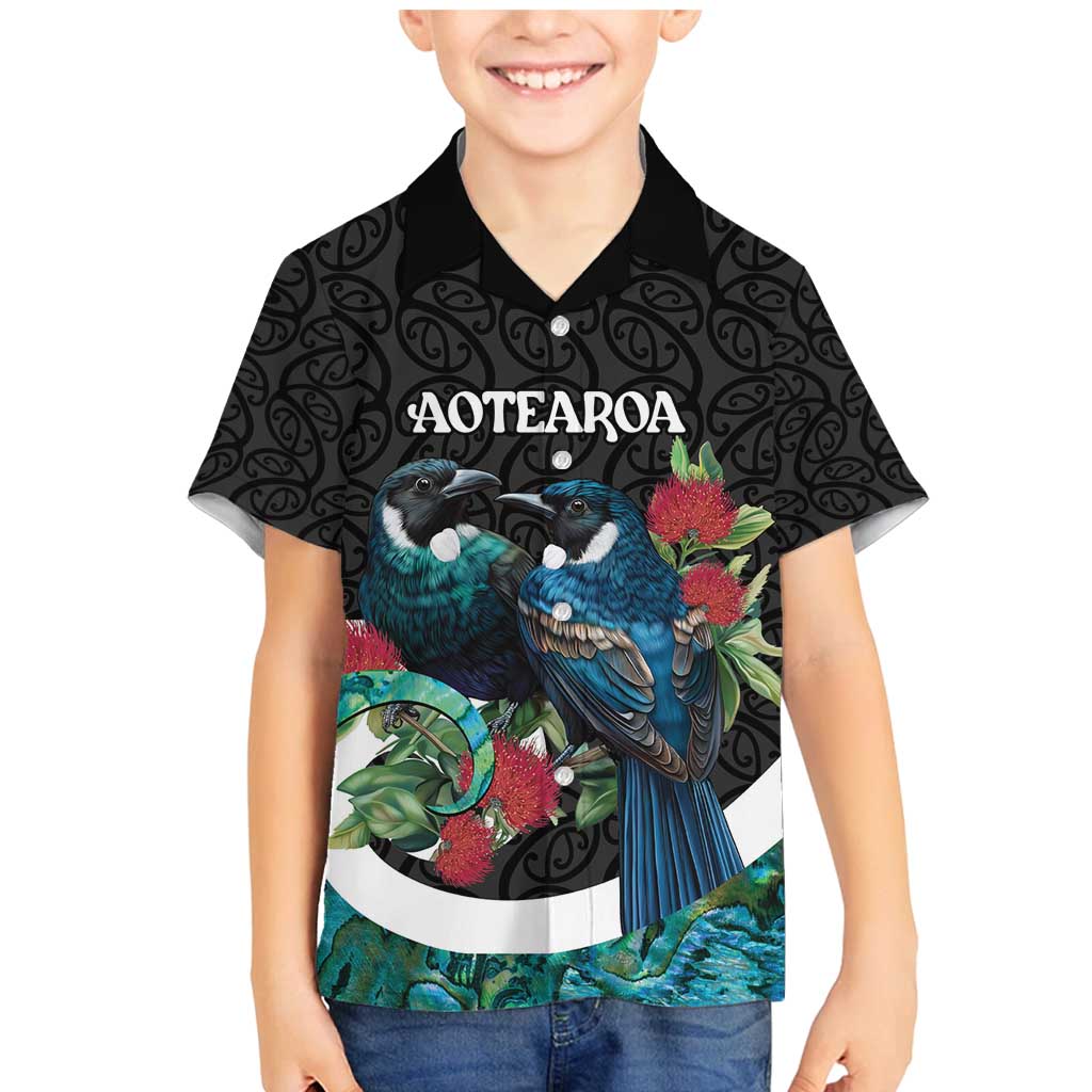 Personalised Valentine's Day New Zealand Family Matching Mermaid Dress and Hawaiian Shirt Tui Bird Couple Kowhaiwhai Mix Pohutukawa LT14 Son's Shirt Black - Polynesian Pride
