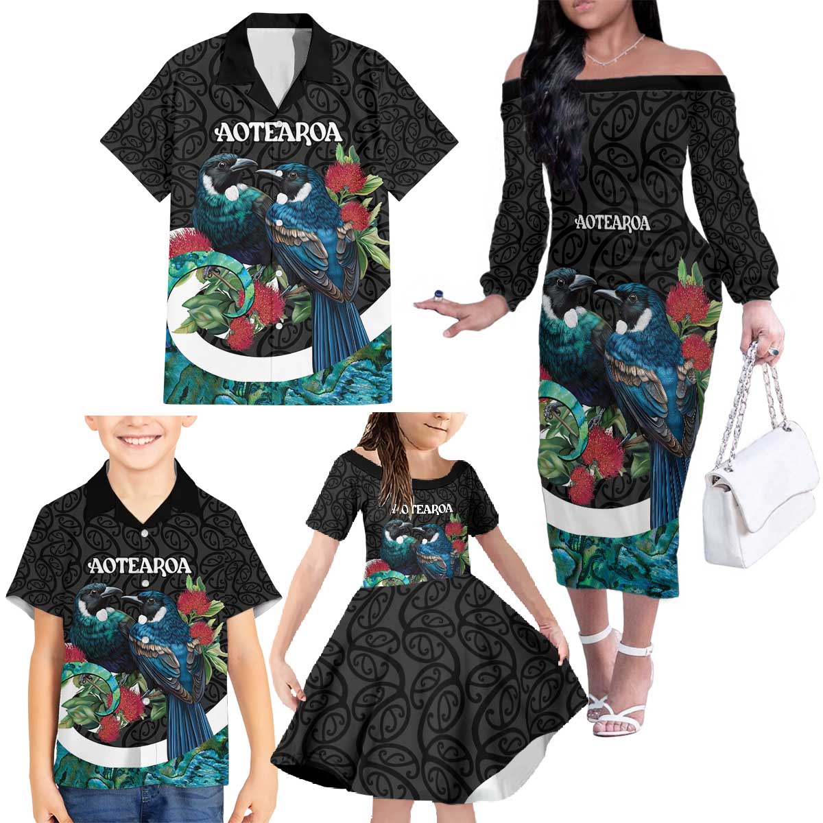 Personalised Valentine's Day New Zealand Family Matching Off The Shoulder Long Sleeve Dress and Hawaiian Shirt Tui Bird Couple Kowhaiwhai Mix Pohutukawa LT14 - Polynesian Pride