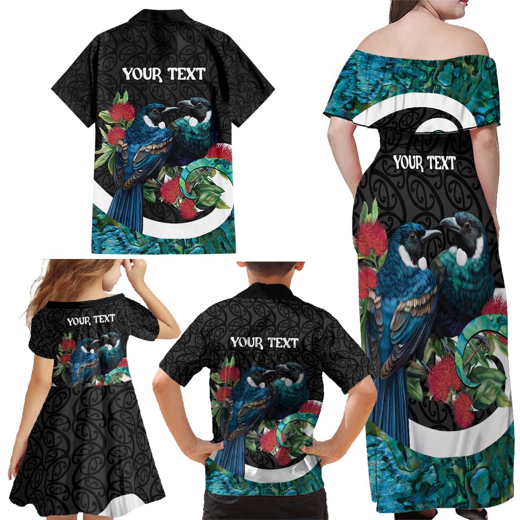 Personalised Valentine's Day New Zealand Family Matching Off Shoulder Maxi Dress and Hawaiian Shirt Tui Bird Couple Kowhaiwhai Mix Pohutukawa LT14 - Polynesian Pride
