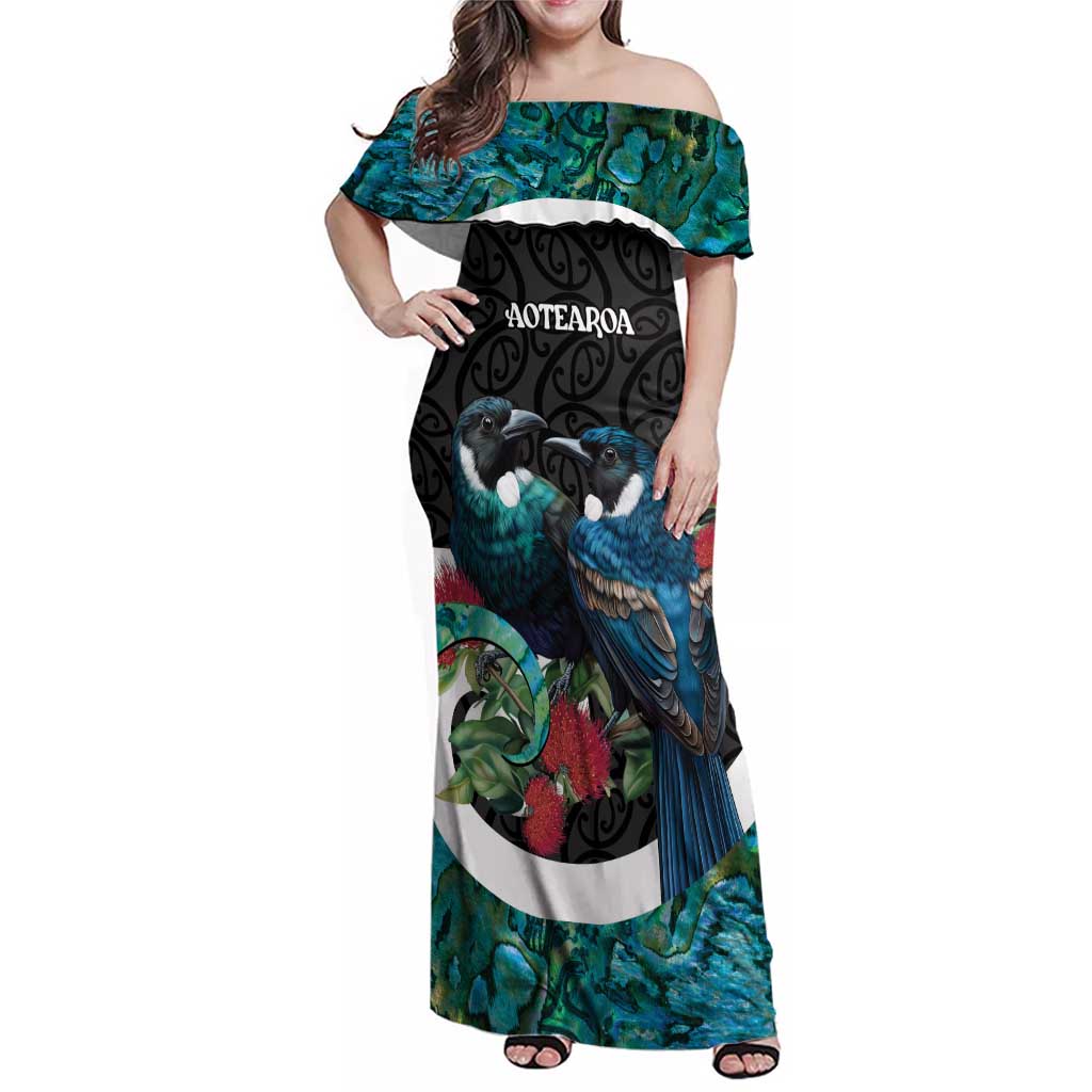 Personalised Valentine's Day New Zealand Family Matching Off Shoulder Maxi Dress and Hawaiian Shirt Tui Bird Couple Kowhaiwhai Mix Pohutukawa LT14 Mom's Dress Black - Polynesian Pride