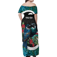 Personalised Valentine's Day New Zealand Family Matching Off Shoulder Maxi Dress and Hawaiian Shirt Tui Bird Couple Kowhaiwhai Mix Pohutukawa LT14 - Polynesian Pride