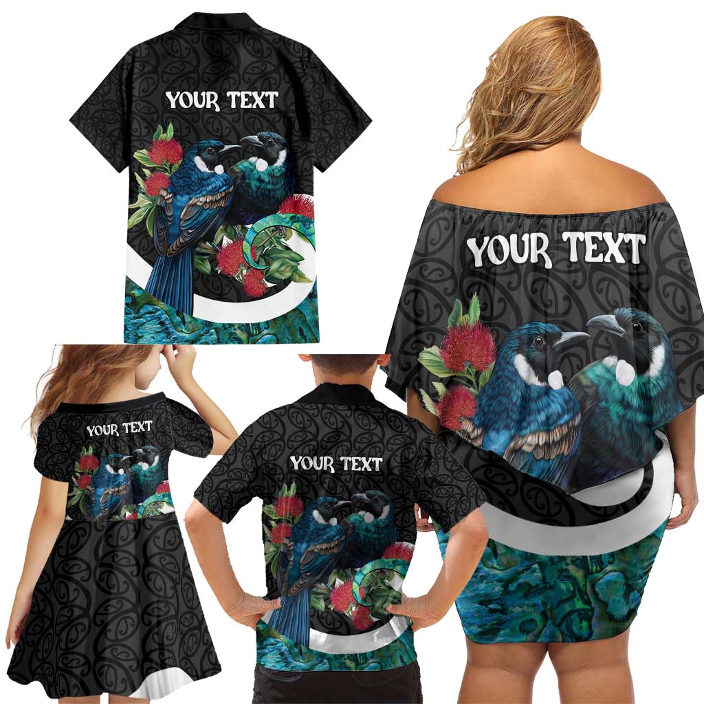 Personalised Valentine's Day New Zealand Family Matching Off Shoulder Short Dress and Hawaiian Shirt Tui Bird Couple Kowhaiwhai Mix Pohutukawa LT14 - Polynesian Pride