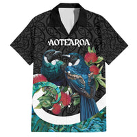 Personalised Valentine's Day New Zealand Family Matching Off Shoulder Short Dress and Hawaiian Shirt Tui Bird Couple Kowhaiwhai Mix Pohutukawa LT14 Dad's Shirt - Short Sleeve Black - Polynesian Pride