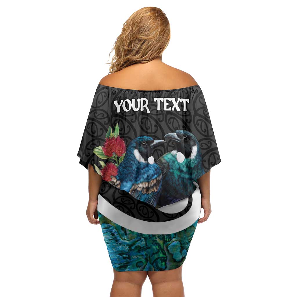 Personalised Valentine's Day New Zealand Family Matching Off Shoulder Short Dress and Hawaiian Shirt Tui Bird Couple Kowhaiwhai Mix Pohutukawa LT14 - Polynesian Pride