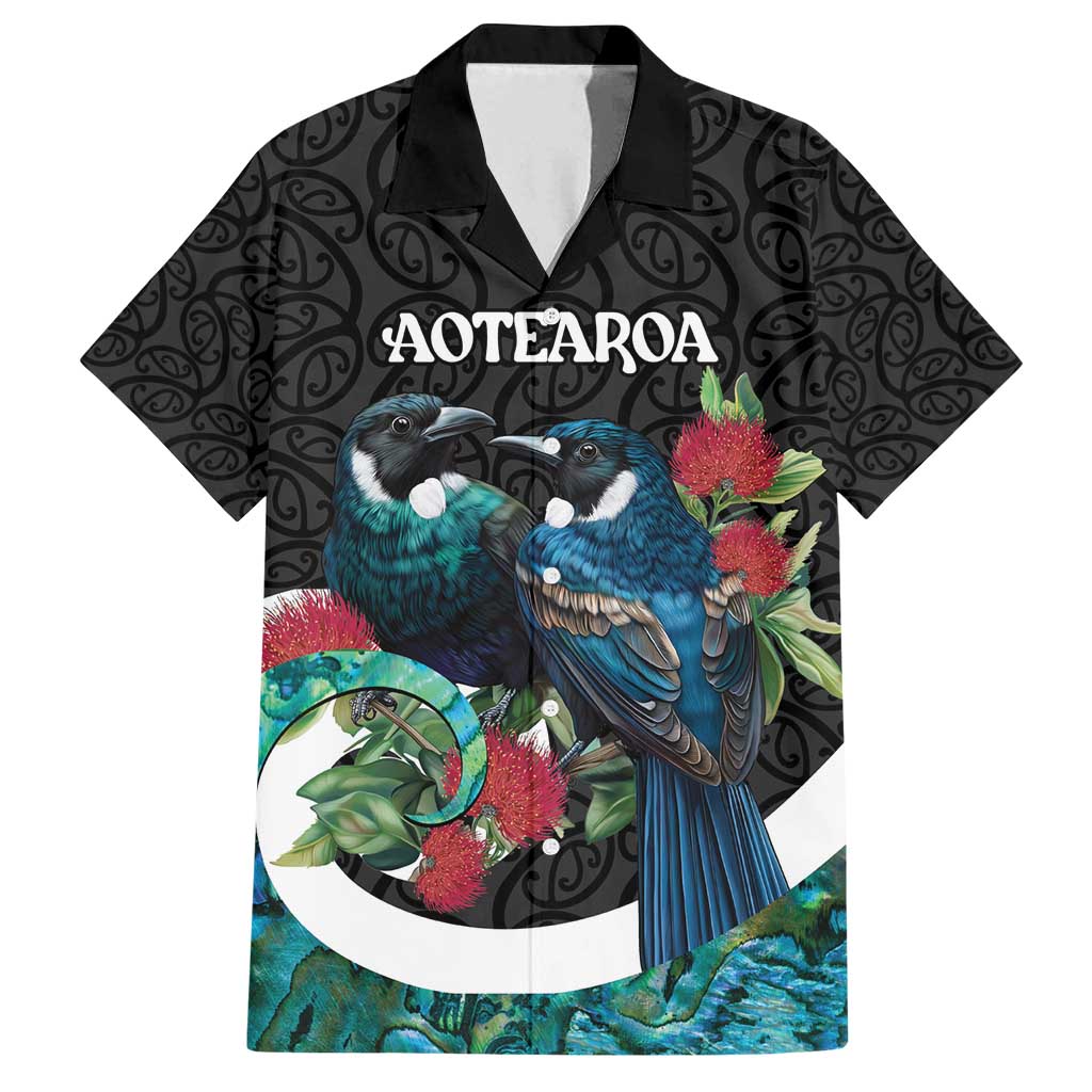 Personalised Valentine's Day New Zealand Family Matching Puletasi and Hawaiian Shirt Tui Bird Couple Kowhaiwhai Mix Pohutukawa LT14 Dad's Shirt - Short Sleeve Black - Polynesian Pride