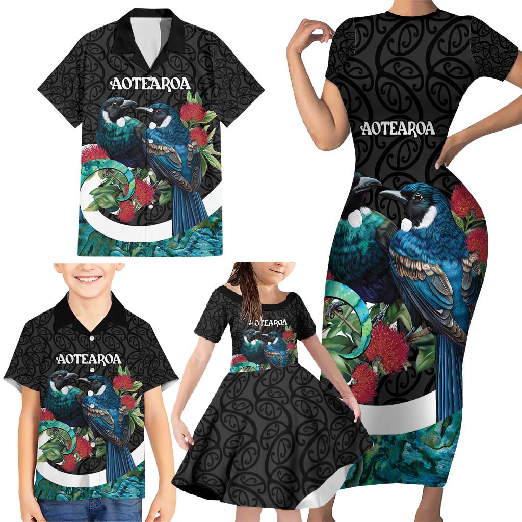 Personalised Valentine's Day New Zealand Family Matching Short Sleeve Bodycon Dress and Hawaiian Shirt Tui Bird Couple Kowhaiwhai Mix Pohutukawa LT14 - Polynesian Pride