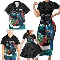 Personalised Valentine's Day New Zealand Family Matching Short Sleeve Bodycon Dress and Hawaiian Shirt Tui Bird Couple Kowhaiwhai Mix Pohutukawa LT14 - Polynesian Pride