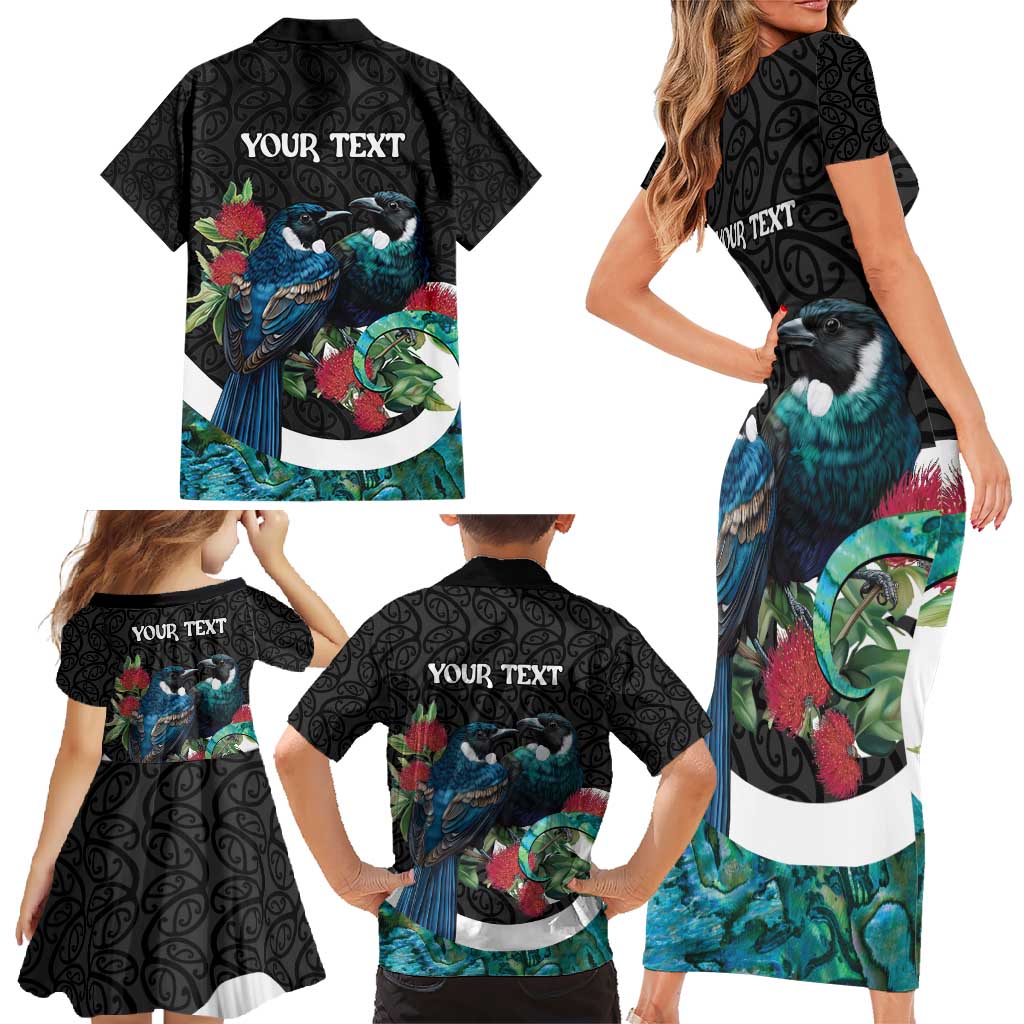 Personalised Valentine's Day New Zealand Family Matching Short Sleeve Bodycon Dress and Hawaiian Shirt Tui Bird Couple Kowhaiwhai Mix Pohutukawa LT14 - Polynesian Pride