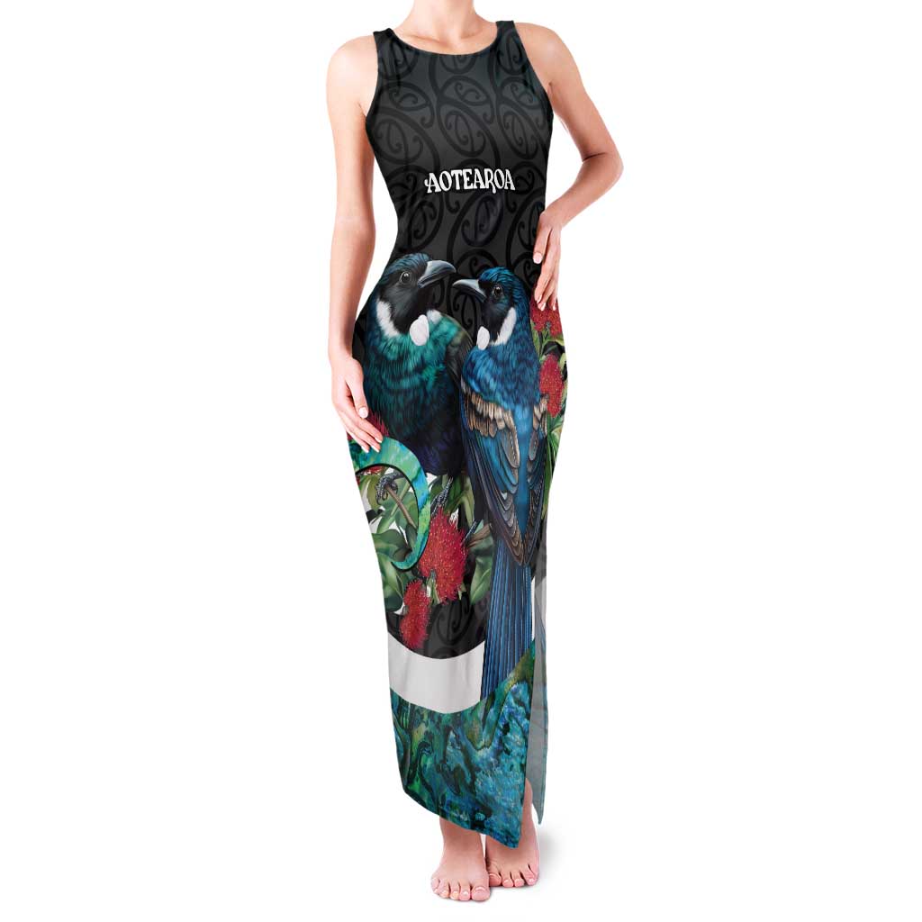 Personalised Valentine's Day New Zealand Family Matching Tank Maxi Dress and Hawaiian Shirt Tui Bird Couple Kowhaiwhai Mix Pohutukawa LT14 Mom's Dress Black - Polynesian Pride