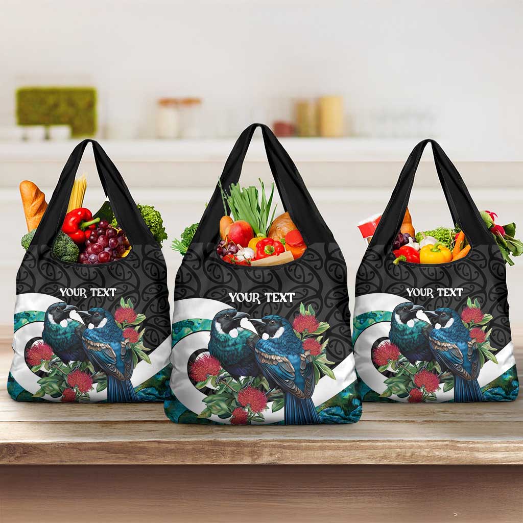 Personalised Valentine's Day New Zealand Grocery Bag Tui Bird Couple Kowhaiwhai Mix Pohutukawa LT14 3-pack One Size Black - Polynesian Pride