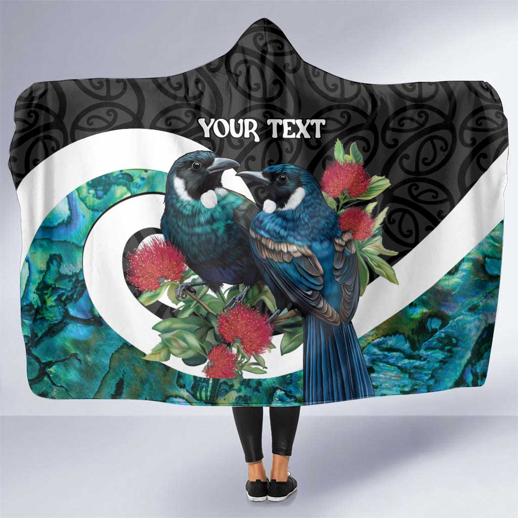 Personalised Valentine's Day New Zealand Hooded Blanket Tui Bird Couple Kowhaiwhai Mix Pohutukawa LT14 One Size Black - Polynesian Pride