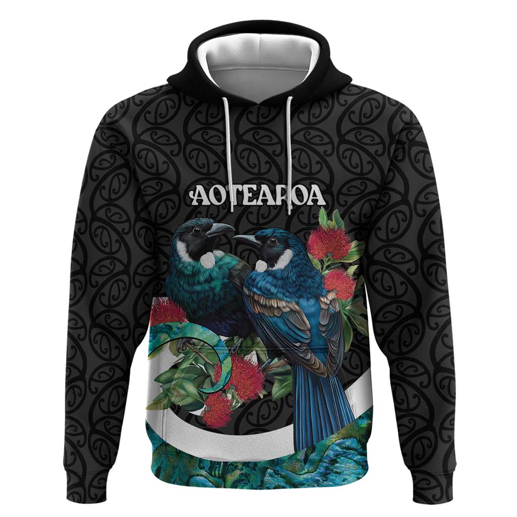 Personalised Valentine's Day New Zealand Hoodie Tui Bird Couple Kowhaiwhai Mix Pohutukawa LT14 Pullover Hoodie Black - Polynesian Pride