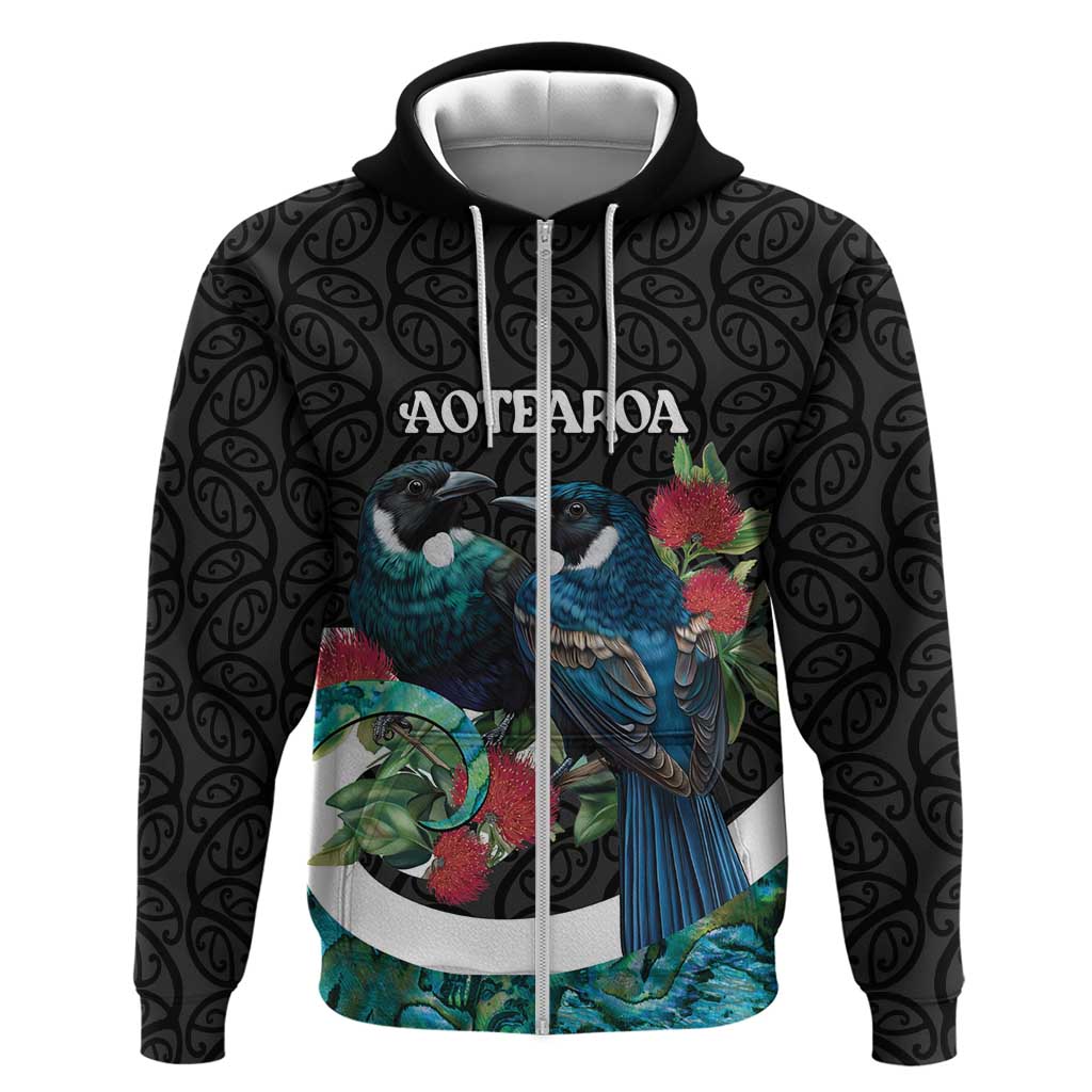 Personalised Valentine's Day New Zealand Hoodie Tui Bird Couple Kowhaiwhai Mix Pohutukawa LT14 Zip Hoodie Black - Polynesian Pride