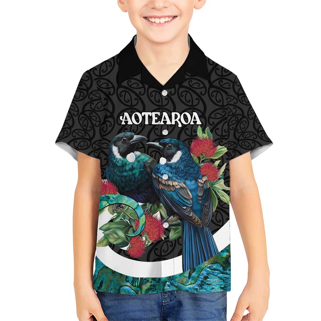 Personalised Valentine's Day New Zealand Kid Hawaiian Shirt Tui Bird Couple Kowhaiwhai Mix Pohutukawa LT14 Kid Black - Polynesian Pride