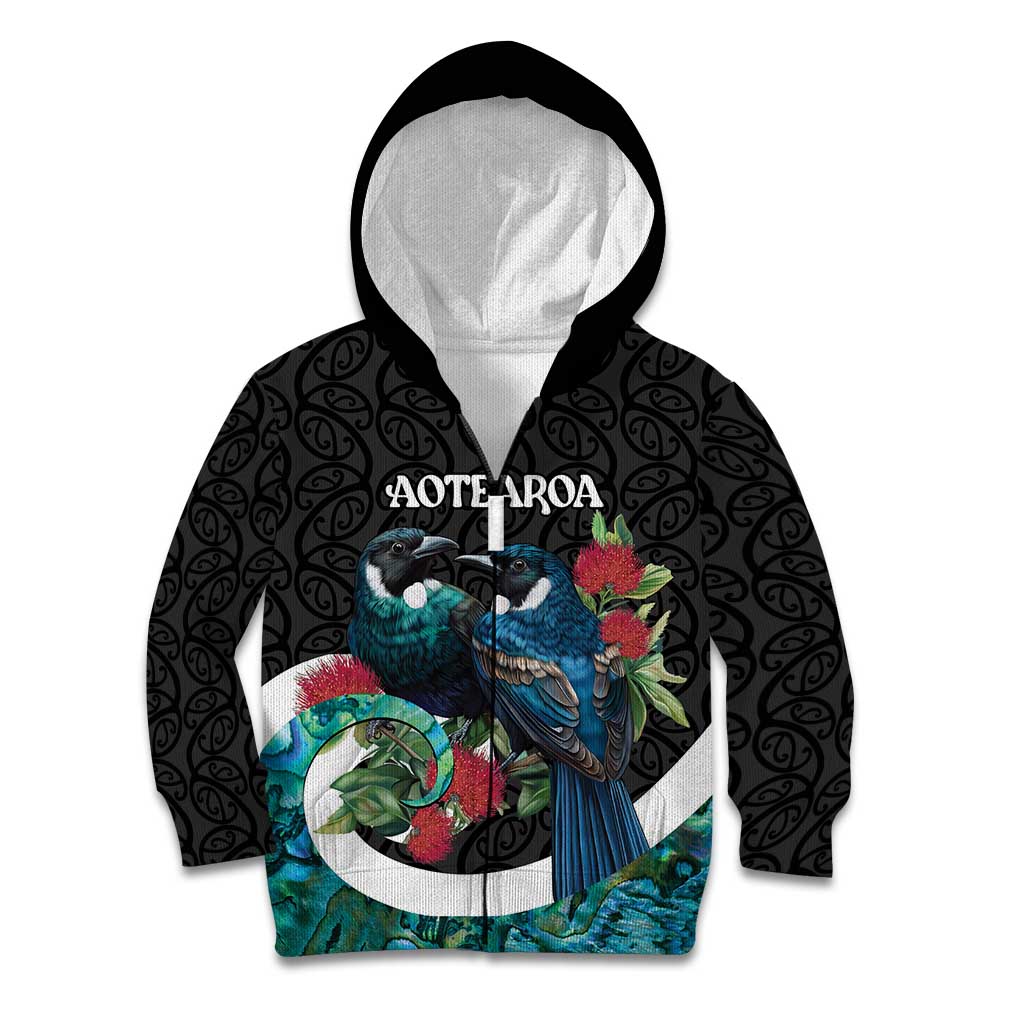 Personalised Valentine's Day New Zealand Kid Hoodie Tui Bird Couple Kowhaiwhai Mix Pohutukawa LT14 Zip Hoodie Black - Polynesian Pride