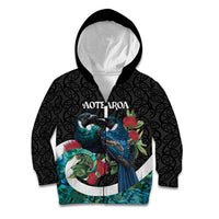Personalised Valentine's Day New Zealand Kid Hoodie Tui Bird Couple Kowhaiwhai Mix Pohutukawa LT14 Zip Hoodie Black - Polynesian Pride