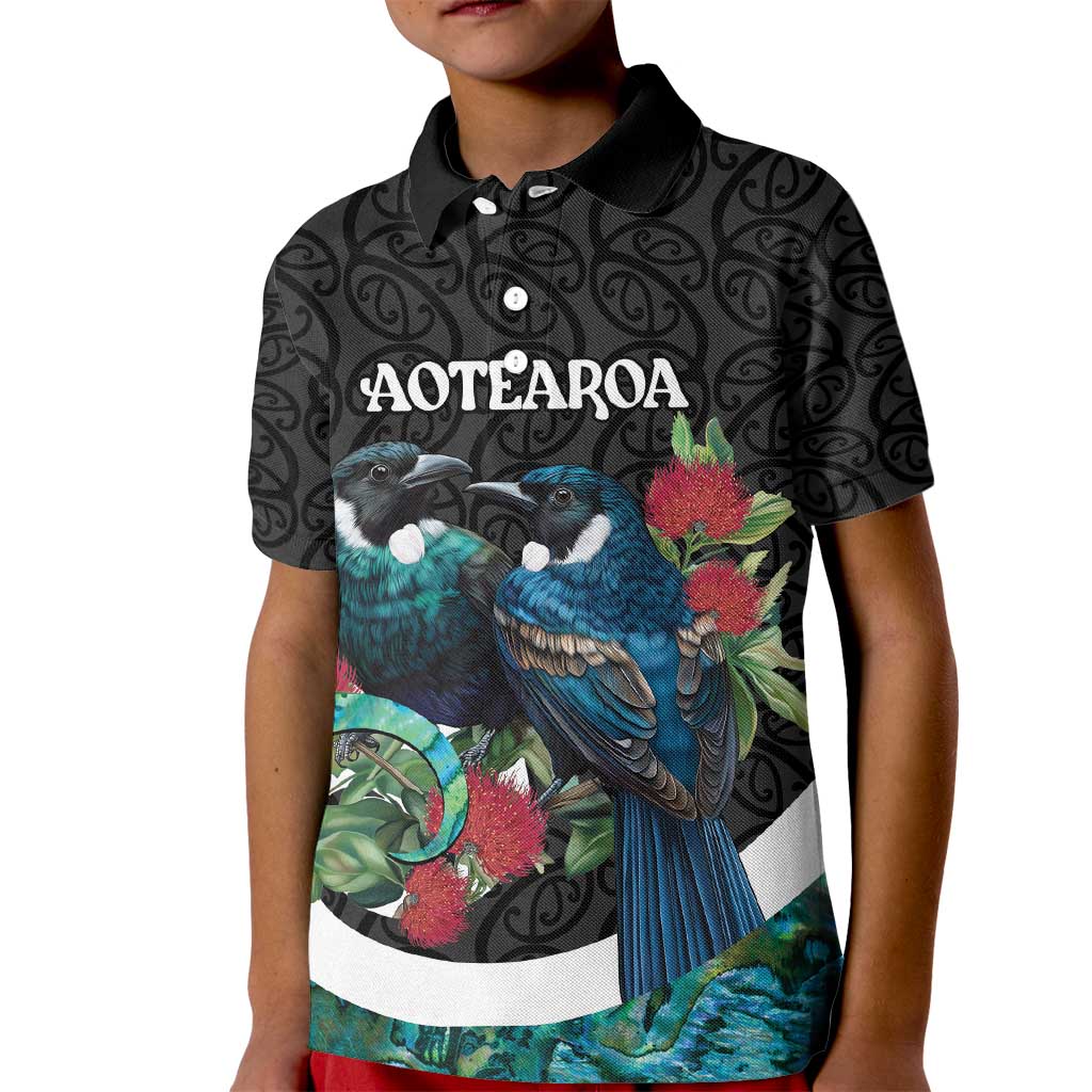 Personalised Valentine's Day New Zealand Kid Polo Shirt Tui Bird Couple Kowhaiwhai Mix Pohutukawa LT14 Kid Black - Polynesian Pride