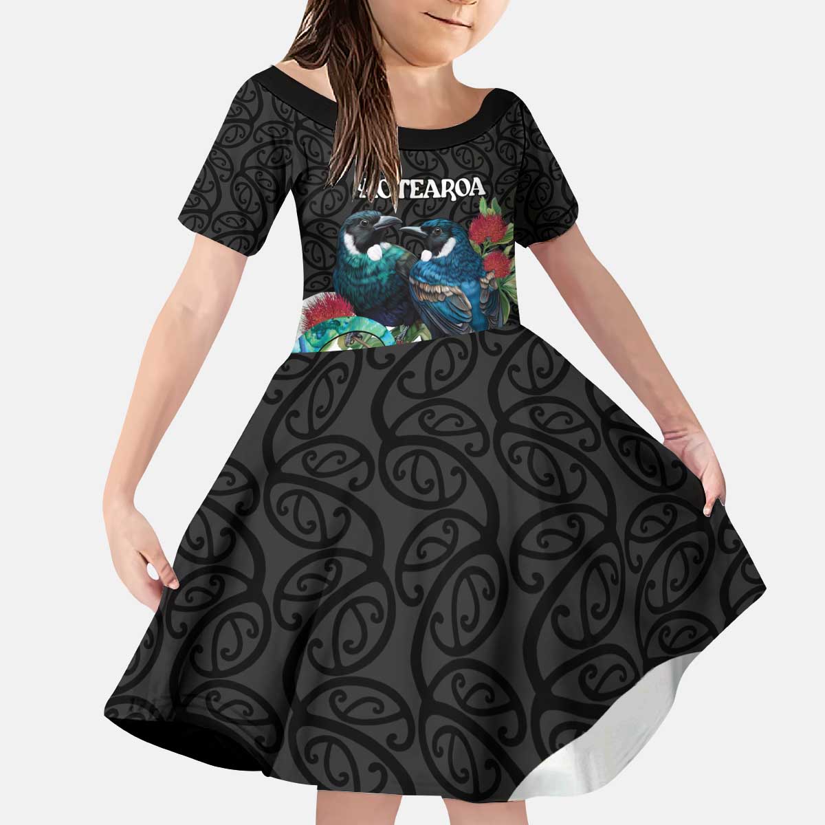 Personalised Valentine's Day New Zealand Kid Short Sleeve Dress Tui Bird Couple Kowhaiwhai Mix Pohutukawa LT14 KID Black - Polynesian Pride