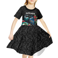 Personalised Valentine's Day New Zealand Kid Short Sleeve Dress Tui Bird Couple Kowhaiwhai Mix Pohutukawa LT14 - Polynesian Pride