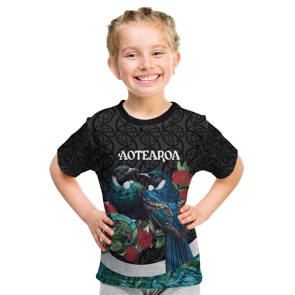 Personalised Valentine's Day New Zealand Kid T Shirt Tui Bird Couple Kowhaiwhai Mix Pohutukawa LT14 Black - Polynesian Pride