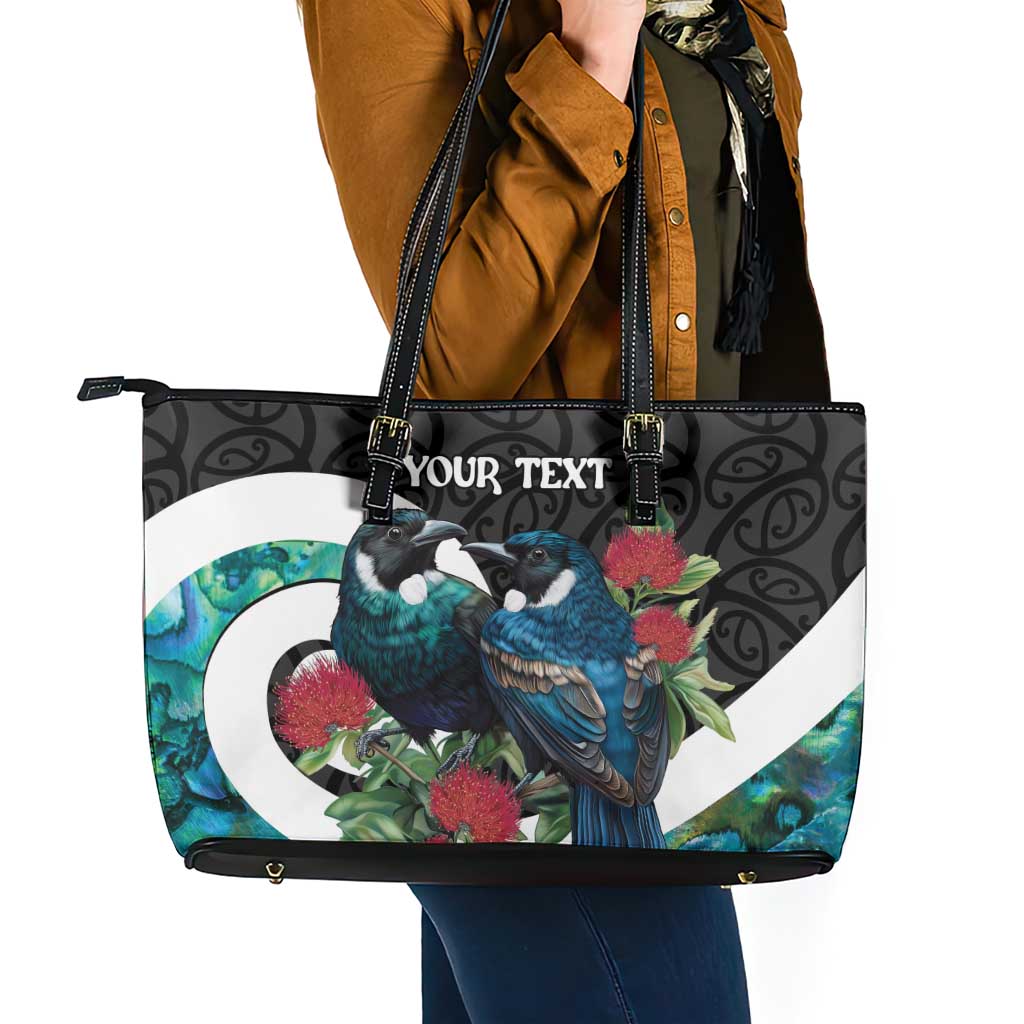Personalised Valentine's Day New Zealand Leather Tote Bag Tui Bird Couple Kowhaiwhai Mix Pohutukawa LT14 - Polynesian Pride