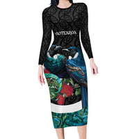 Personalised Valentine's Day New Zealand Long Sleeve Bodycon Dress Tui Bird Couple Kowhaiwhai Mix Pohutukawa LT14 Long Dress Black - Polynesian Pride