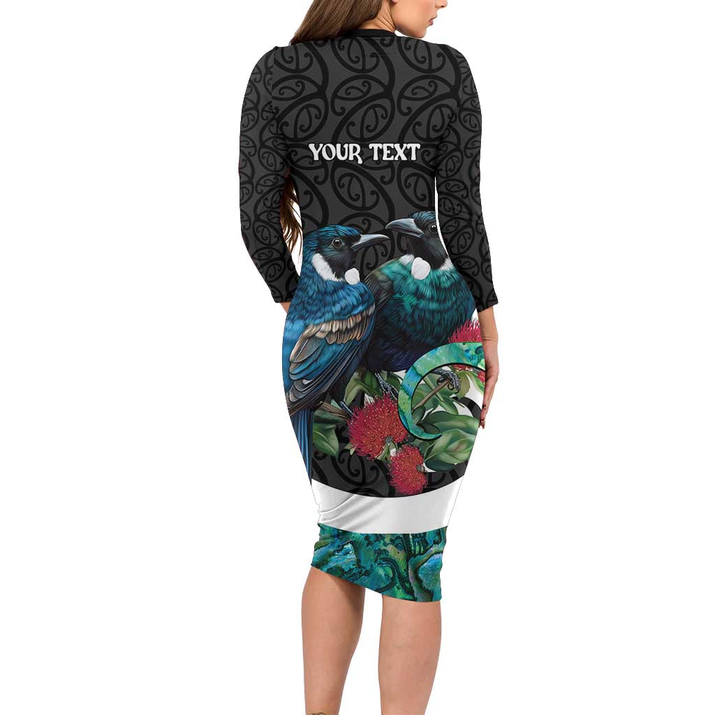 Personalised Valentine's Day New Zealand Long Sleeve Bodycon Dress Tui Bird Couple Kowhaiwhai Mix Pohutukawa LT14 - Polynesian Pride