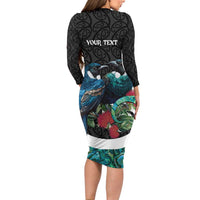 Personalised Valentine's Day New Zealand Long Sleeve Bodycon Dress Tui Bird Couple Kowhaiwhai Mix Pohutukawa LT14 - Polynesian Pride