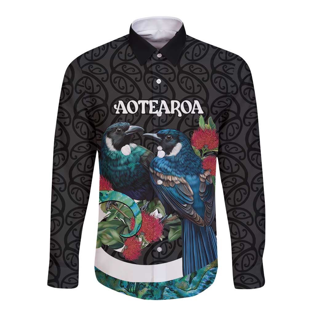 Personalised Valentine's Day New Zealand Long Sleeve Button Shirt Tui Bird Couple Kowhaiwhai Mix Pohutukawa LT14 Unisex Black - Polynesian Pride