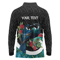 Personalised Valentine's Day New Zealand Long Sleeve Polo Shirt Tui Bird Couple Kowhaiwhai Mix Pohutukawa LT14 - Polynesian Pride