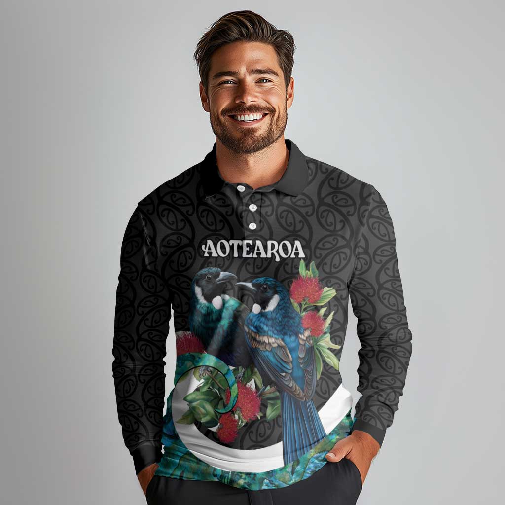 Personalised Valentine's Day New Zealand Long Sleeve Polo Shirt Tui Bird Couple Kowhaiwhai Mix Pohutukawa LT14 - Polynesian Pride
