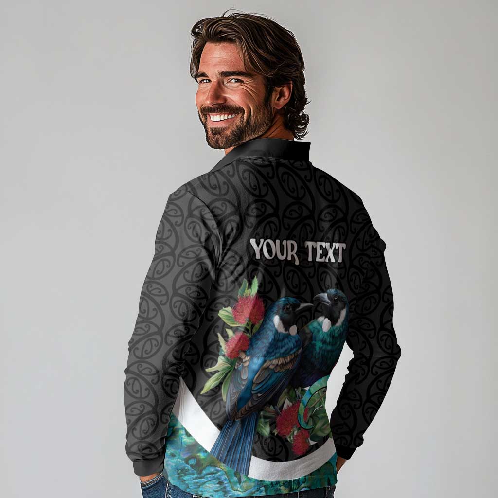 Personalised Valentine's Day New Zealand Long Sleeve Polo Shirt Tui Bird Couple Kowhaiwhai Mix Pohutukawa LT14 - Polynesian Pride
