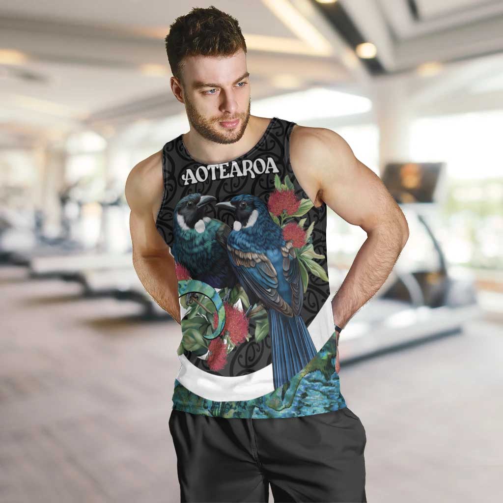 Personalised Valentine's Day New Zealand Men Tank Top Tui Bird Couple Kowhaiwhai Mix Pohutukawa LT14 Black - Polynesian Pride