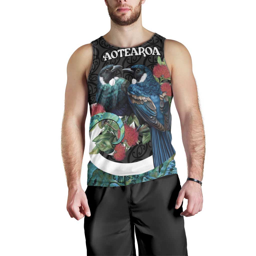 Personalised Valentine's Day New Zealand Men Tank Top Tui Bird Couple Kowhaiwhai Mix Pohutukawa LT14 - Polynesian Pride