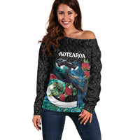 Personalised Valentine's Day New Zealand Off Shoulder Sweater Tui Bird Couple Kowhaiwhai Mix Pohutukawa LT14 Women Black - Polynesian Pride