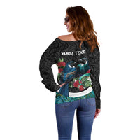 Personalised Valentine's Day New Zealand Off Shoulder Sweater Tui Bird Couple Kowhaiwhai Mix Pohutukawa LT14 - Polynesian Pride