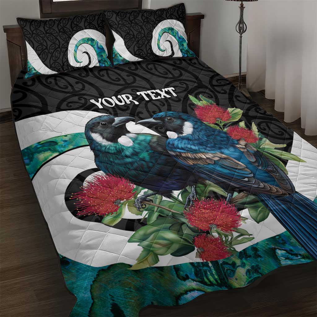 Personalised Valentine's Day New Zealand Quilt Bed Set Tui Bird Couple Kowhaiwhai Mix Pohutukawa LT14 Black - Polynesian Pride