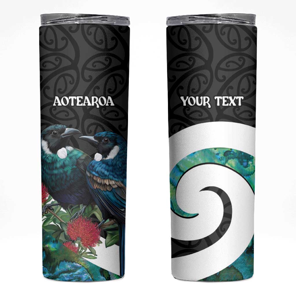 Personalised Valentine's Day New Zealand Skinny Tumbler Tui Bird Couple Kowhaiwhai Mix Pohutukawa LT14 Black - Polynesian Pride