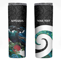 Personalised Valentine's Day New Zealand Skinny Tumbler Tui Bird Couple Kowhaiwhai Mix Pohutukawa LT14 Black - Polynesian Pride
